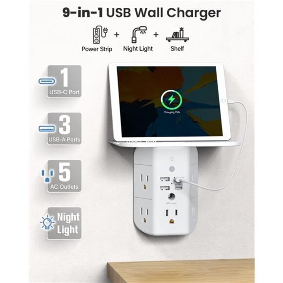 Wall Outlet Extender with Shelf and Night Light,Surge Protector,USB Wall Charger - Picture 2 of 6